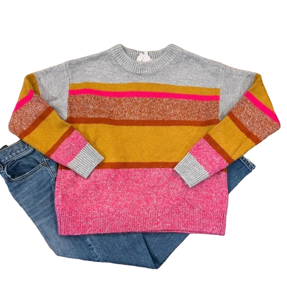 **NWT LOFT Lou & Grey Pink/Gold/Grey Multi Striped Crewneck Sweater
